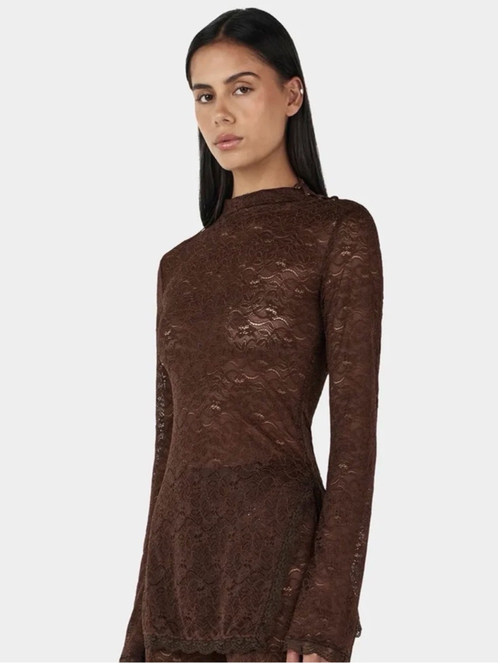 Sheer Lace Long-Sleeve Blouse - Brown